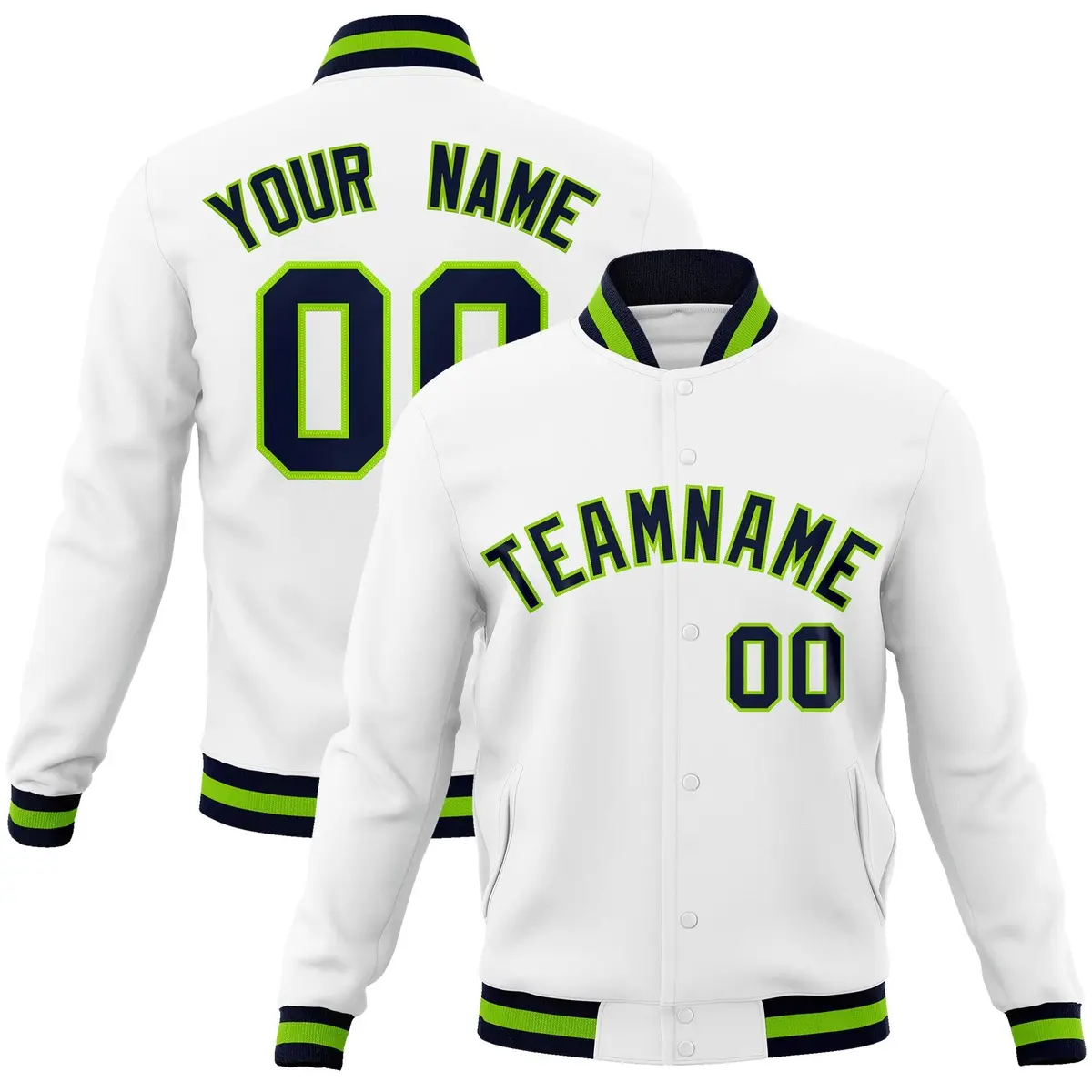 White Navy-Neon Green Varsity Full-Snap Letterman Jacket