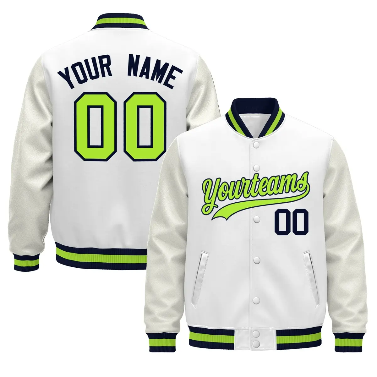 White Navy Neon Green Varsity Jacket with Faux Leather Sleeves