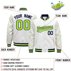 White Navy Neon Green Varsity Jacket with Faux Leather Sleeves 2