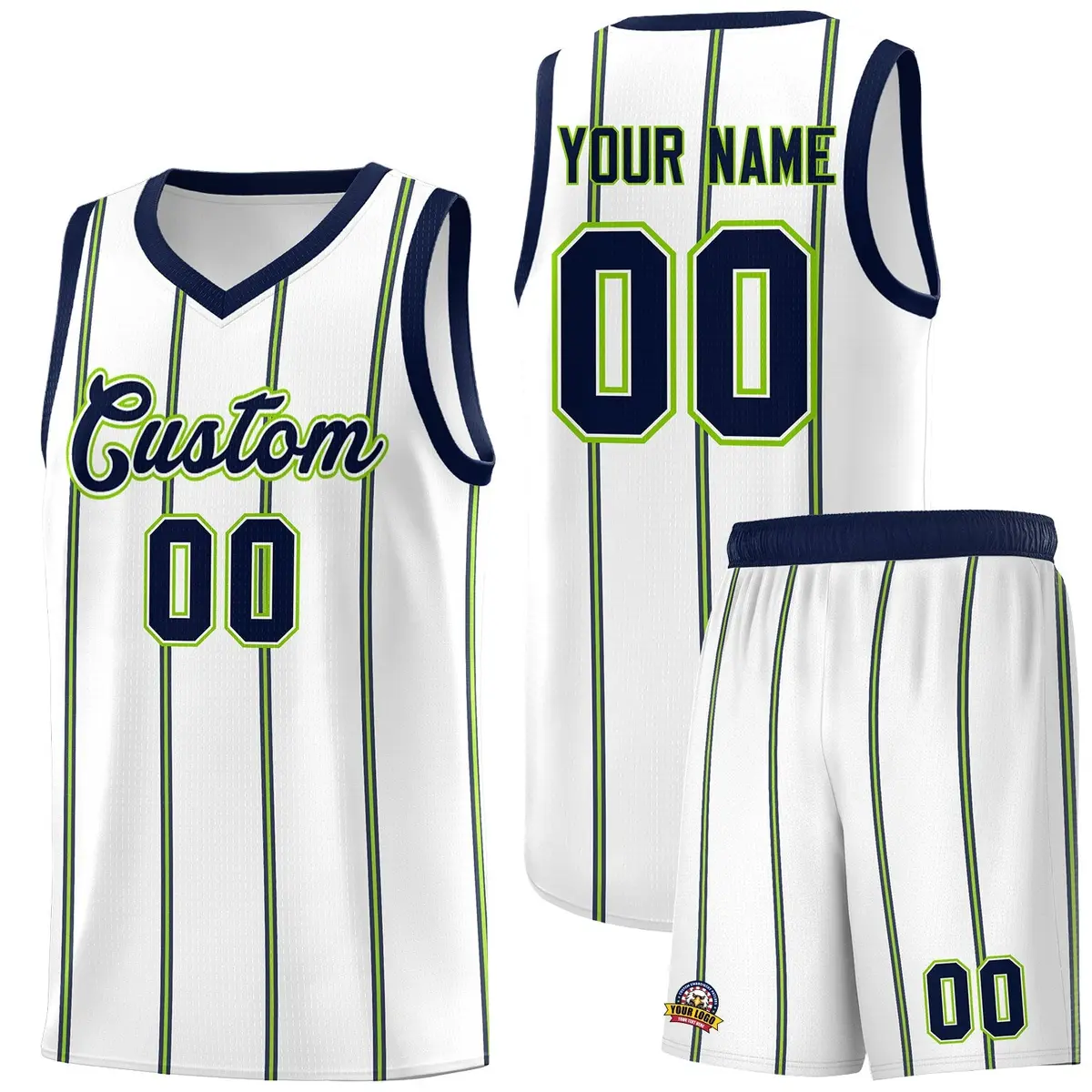 White Navy Neon Green Vertical Stripes Basketball Jersey Set