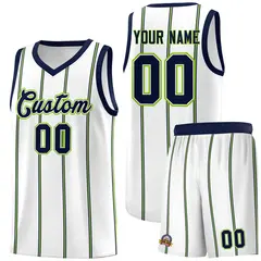 White Navy Neon Green Vertical Stripes Basketball Jersey Set