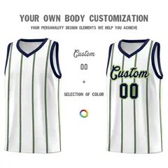 White Navy Neon Green Vertical Stripes Basketball Jersey Set 3