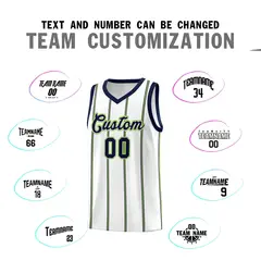 White Navy Neon Green Vertical Stripes Basketball Jersey Set 4