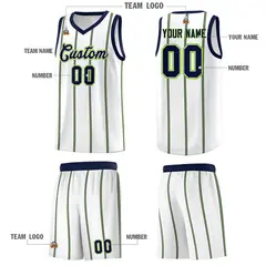 White Navy Neon Green Vertical Stripes Basketball Jersey Set 5