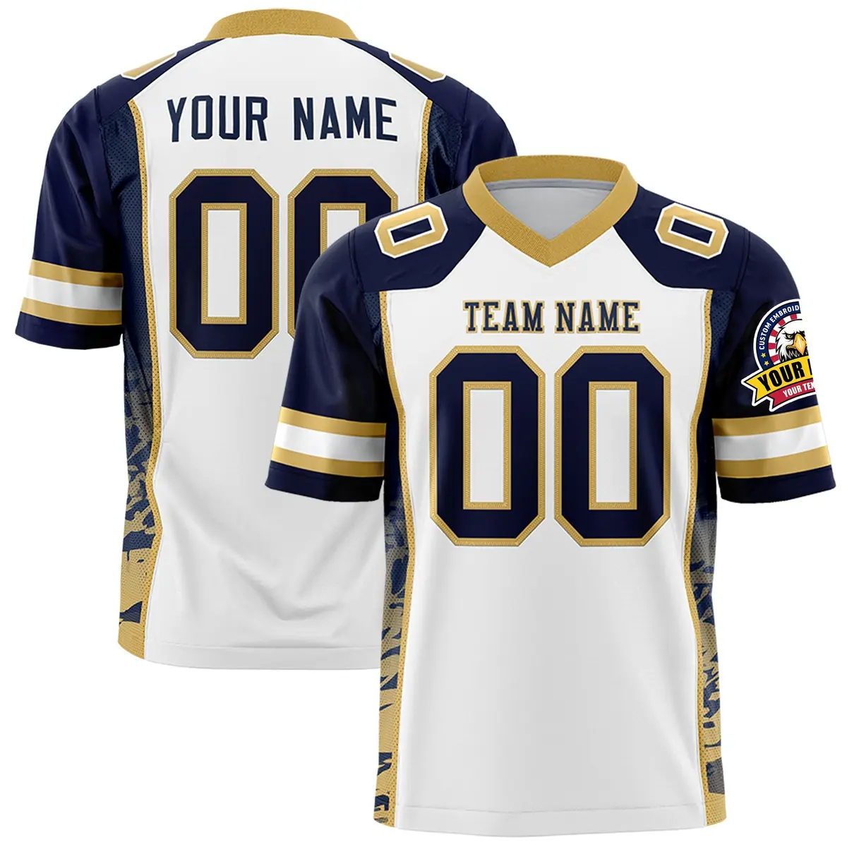 White Navy-Old Gold Raglan Side Pattern Football Jersey