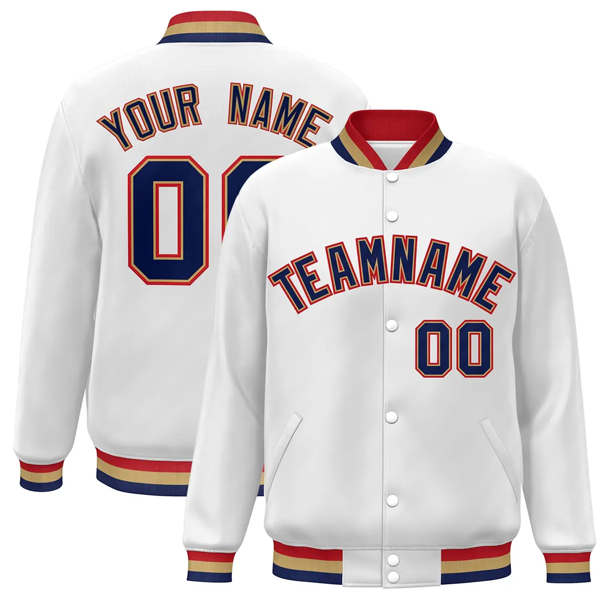 White Navy-Old Gold Varsity Full-Snap Letterman Jacket