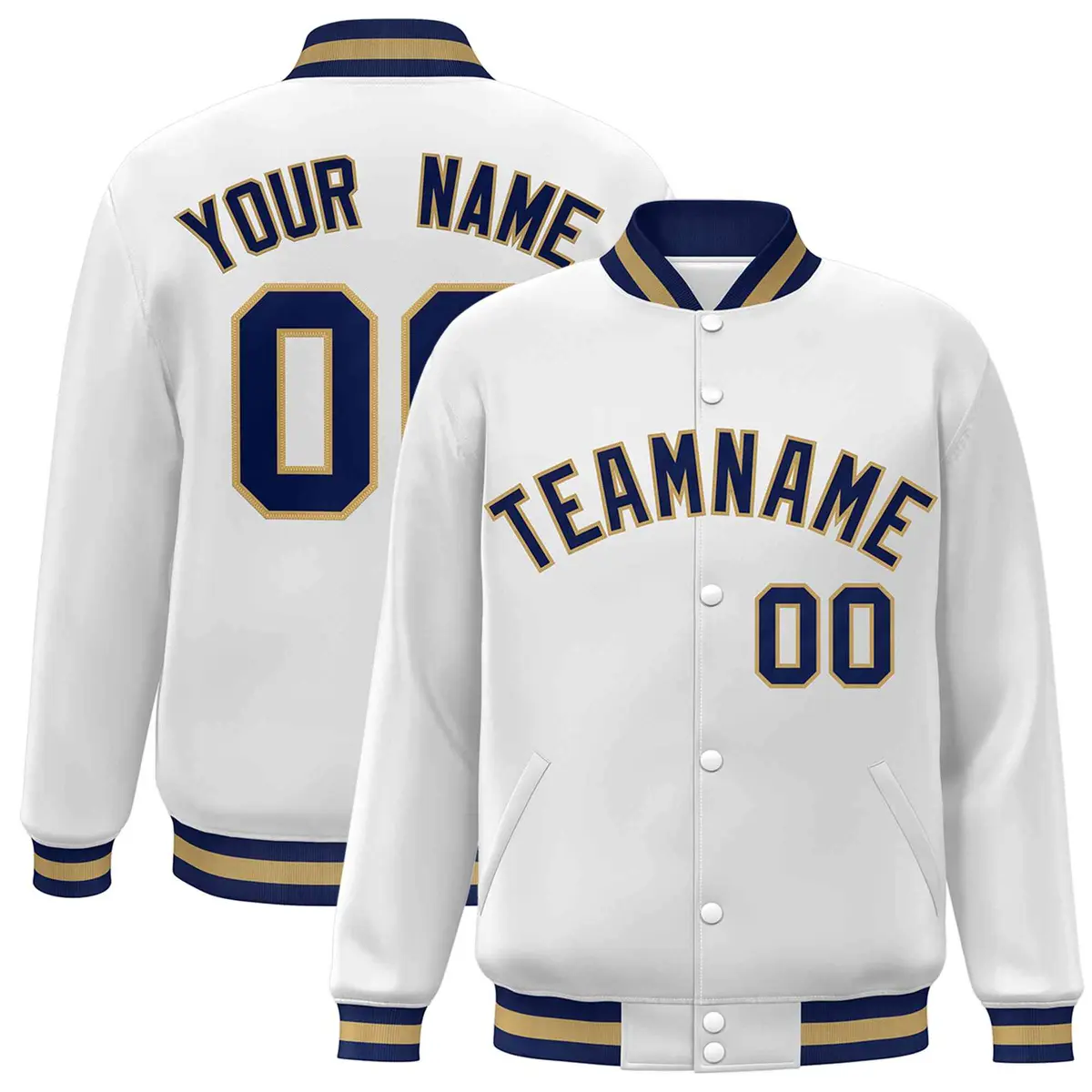 White Navy-Old Gold Varsity Full-Snap Letterman Jacket