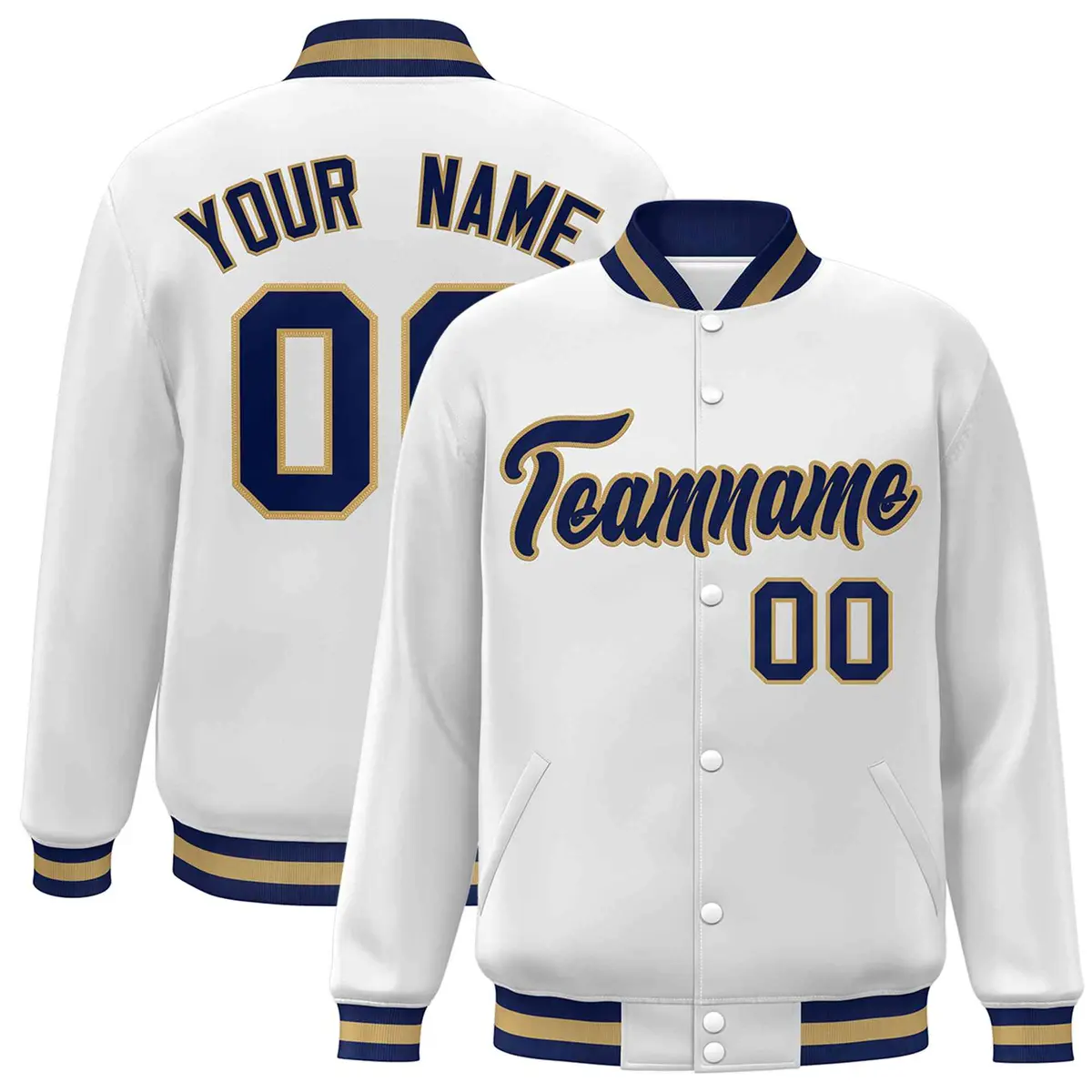 White Navy-Old Gold Varsity Full-Snap Letterman Jacket