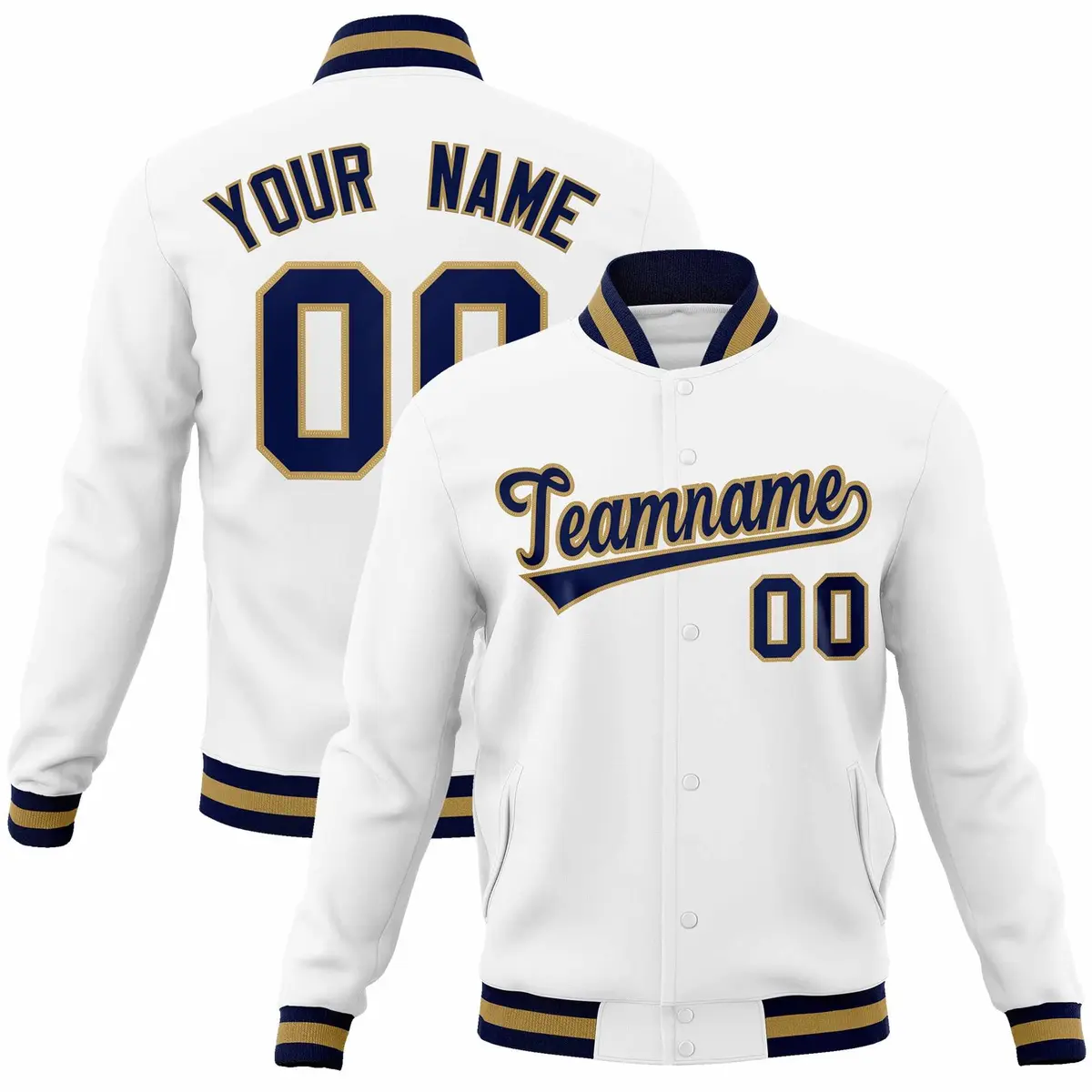 White Navy-Old Gold Varsity Full-Snap Letterman Jacket