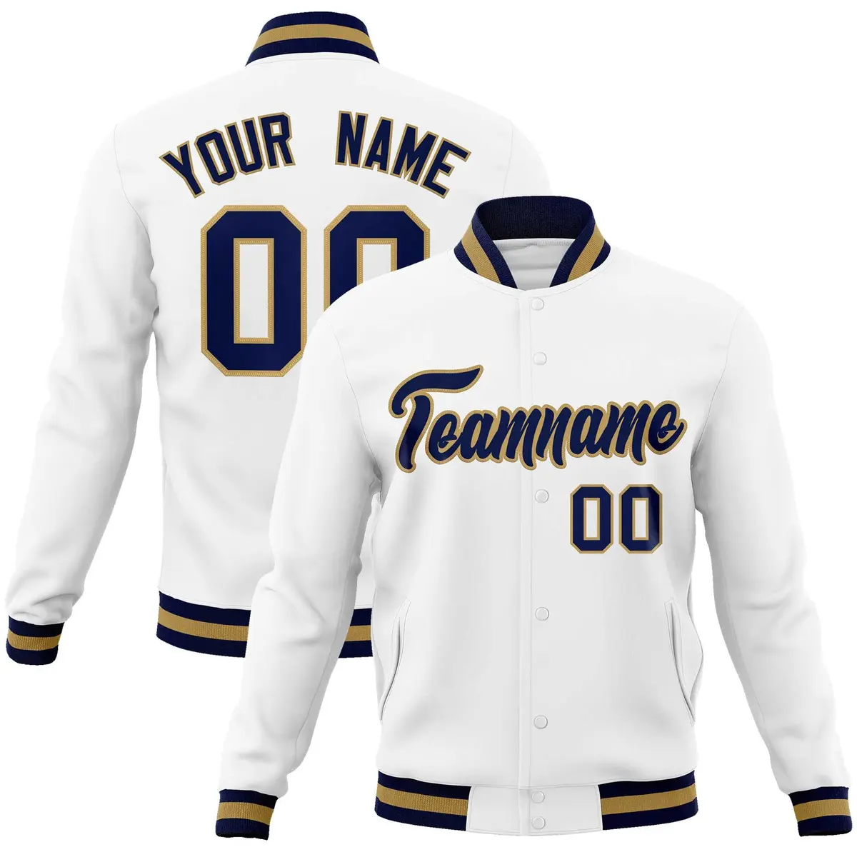 White Navy-Old Gold Varsity Full-Snap Letterman Jacket
