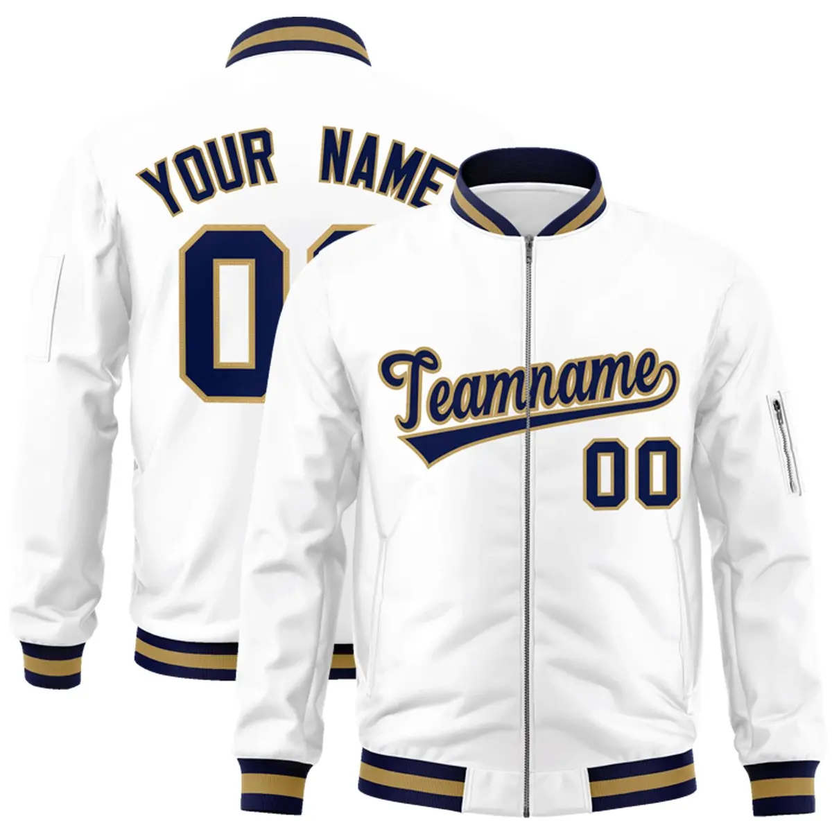 White Navy-Old Gold Varsity Full-Zip Letterman Bomber Jacket