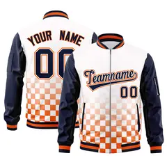 White Navy-Orange Grid Color Block Letterman Raglan Jacket 1