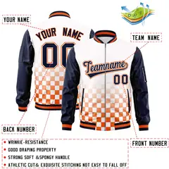 White Navy-Orange Grid Color Block Letterman Raglan Jacket 2