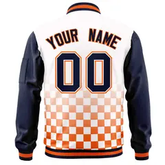 White Navy-Orange Grid Color Block Letterman Raglan Jacket 4