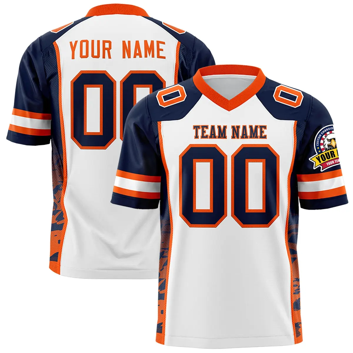 White Navy-Orange Raglan Sleeves Side Pattern Football Jersey
