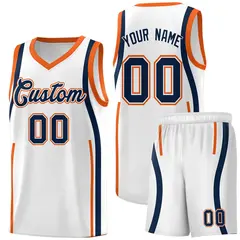 White Navy-Orange Ribbon Pattern Basketball Kits 1