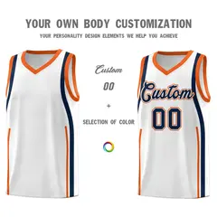 White Navy-Orange Ribbon Pattern Basketball Kits 3