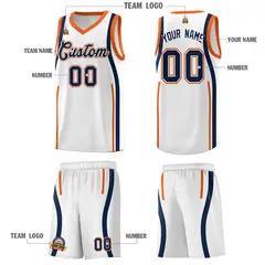 White Navy-Orange Ribbon Pattern Basketball Kits 5