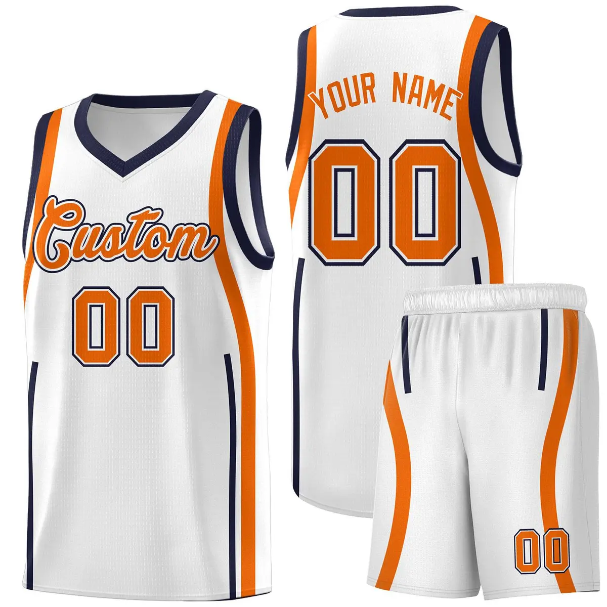 White Navy-Orange Ribbon Pattern Basketball Kits