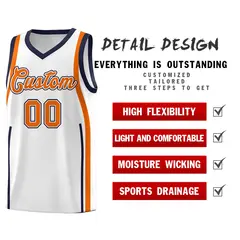 White Navy-Orange Ribbon Pattern Basketball Kits 2