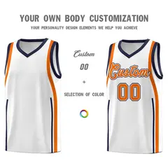 White Navy-Orange Ribbon Pattern Basketball Kits 3