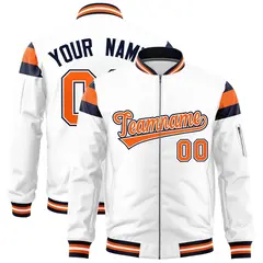 White Navy-Orange Varsity Full-Zip Shoulder Color Block Letterman Bomber Jacket 1