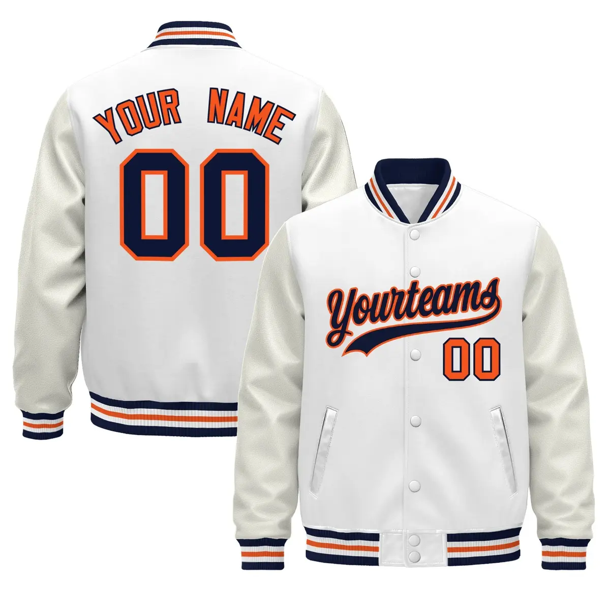 White Navy Orange Varsity Jacket with Faux Leather Sleeves