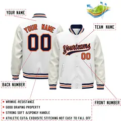 White Navy Orange Varsity Jacket with Faux Leather Sleeves 2