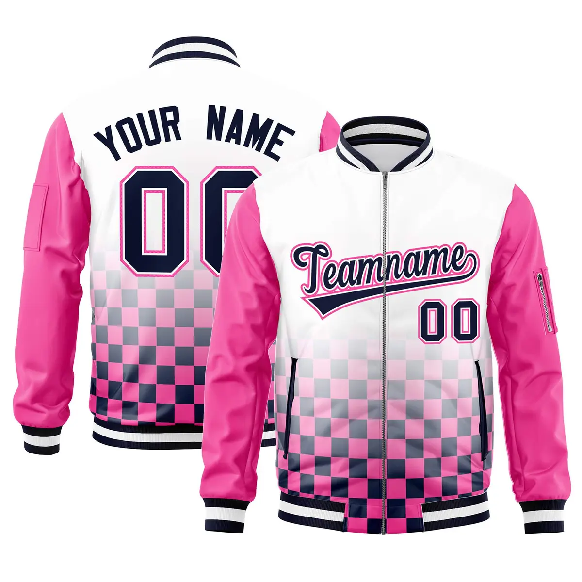 White Navy-Pink Grid Color Block Letterman Raglan Jacket