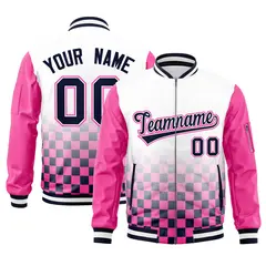 White Navy-Pink Grid Color Block Letterman Raglan Jacket 1