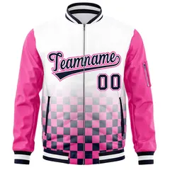 White Navy-Pink Grid Color Block Letterman Raglan Jacket 3
