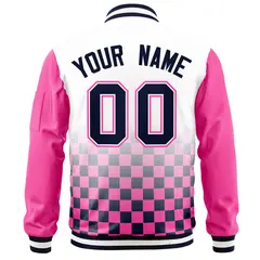 White Navy-Pink Grid Color Block Letterman Raglan Jacket 4