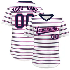 White Navy-Pink Horizontal Stripe Pullover Baseball Jersey