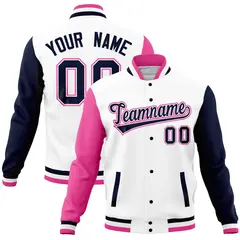 White Navy-Pink Raglan Sleeves Full-Snap Varsity Letterman Baseball Jacket
