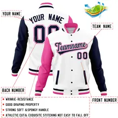 White Navy-Pink Raglan Sleeves Full-Snap Varsity Letterman Baseball Jacket 4