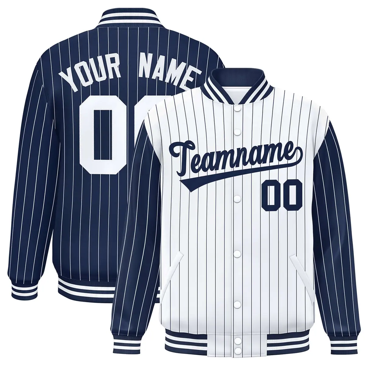 White Navy Pinstripe Raglan Varsity Full-Snap Letterman Baseball Jacket