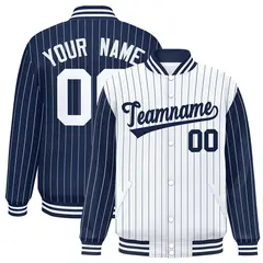 White Navy Pinstripe Raglan Varsity Full-Snap Letterman Baseball Jacket