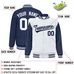 White Navy Pinstripe Raglan Varsity Full-Snap Letterman Baseball Jacket 2