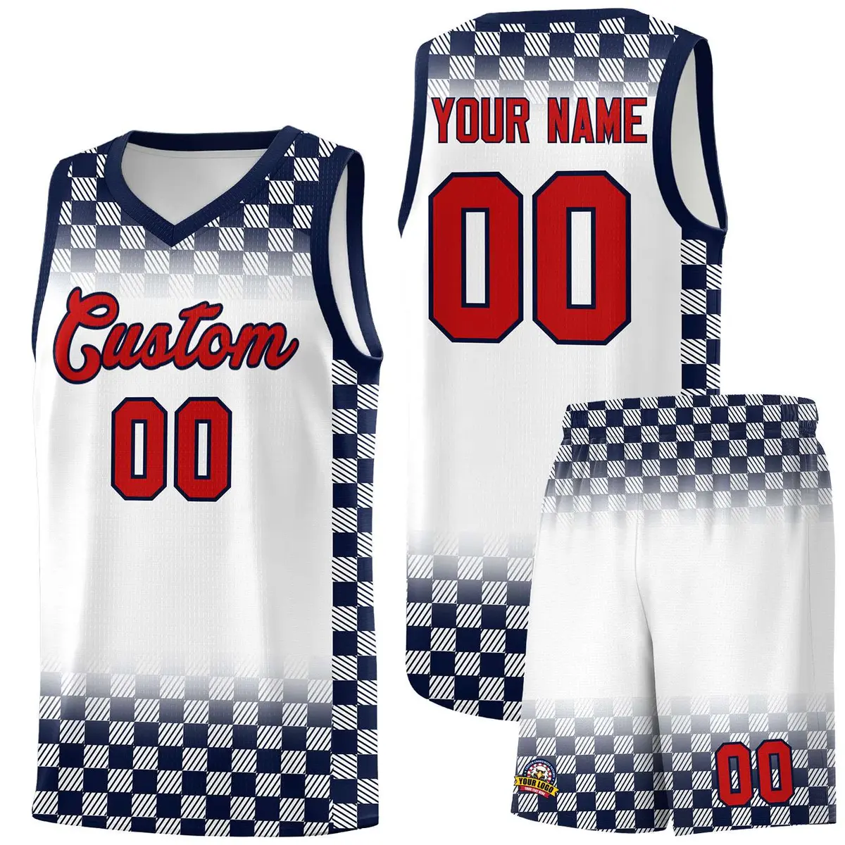White Navy Plaid Pattern Basketball Jersey Sports Uniform