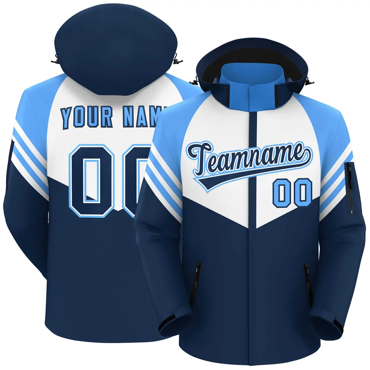 White Navy-Powder Blue Color Block Hooded Waterproof Jacket