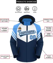 White Navy-Powder Blue Color Block Hooded Waterproof Jacket 2