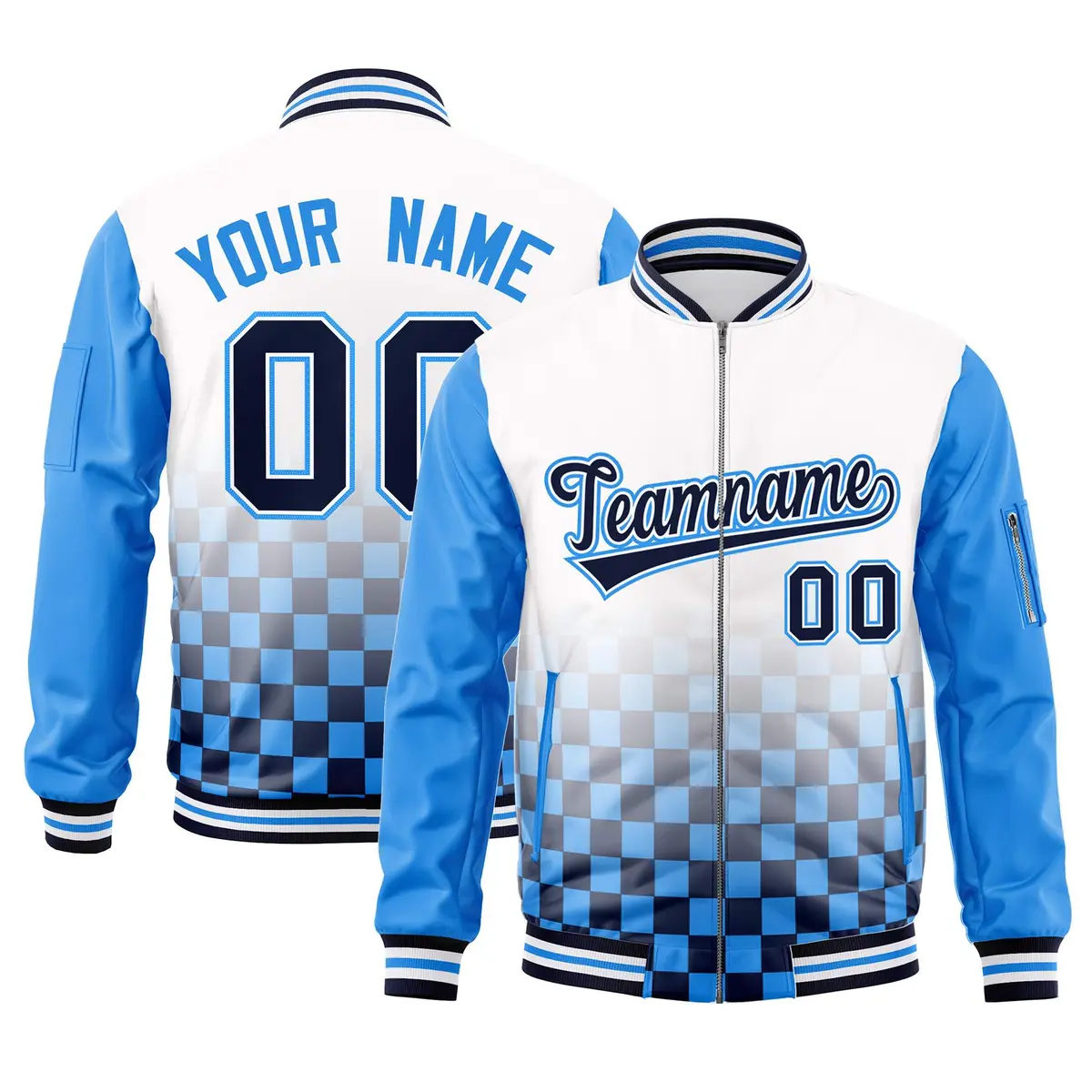 White Navy-Powder Blue Grid Color Block Letterman Raglan Jacket