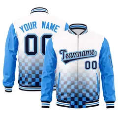White Navy-Powder Blue Grid Color Block Letterman Raglan Jacket 1