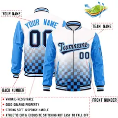 White Navy-Powder Blue Grid Color Block Letterman Raglan Jacket 2
