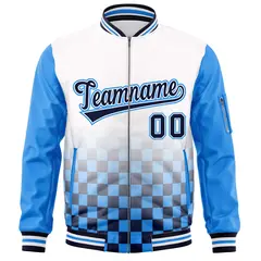 White Navy-Powder Blue Grid Color Block Letterman Raglan Jacket 3