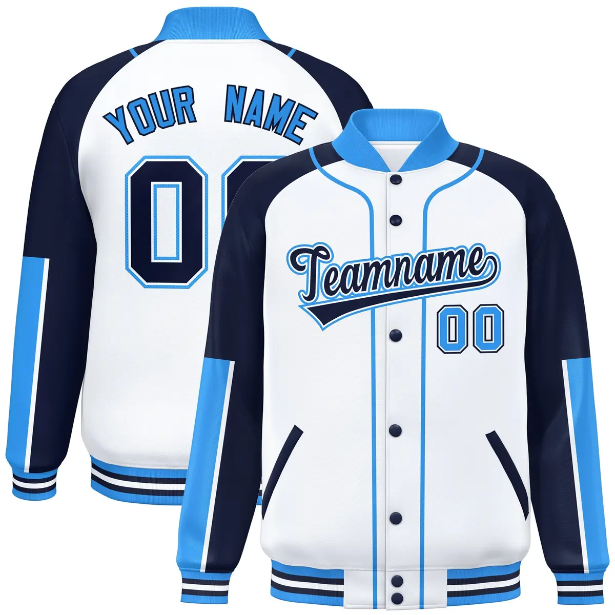 White Navy-Powder Blue Raglan Varsity Full-Snap Letterman Baseball Jacket