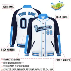 White Navy-Powder Blue Raglan Varsity Full-Snap Letterman Baseball Jacket 2