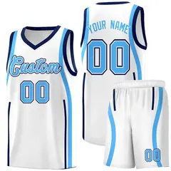 White Navy-Powder Blue Ribbon Pattern Basketball Kits 1