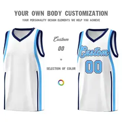 White Navy-Powder Blue Ribbon Pattern Basketball Kits 3