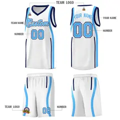 White Navy-Powder Blue Ribbon Pattern Basketball Kits 5